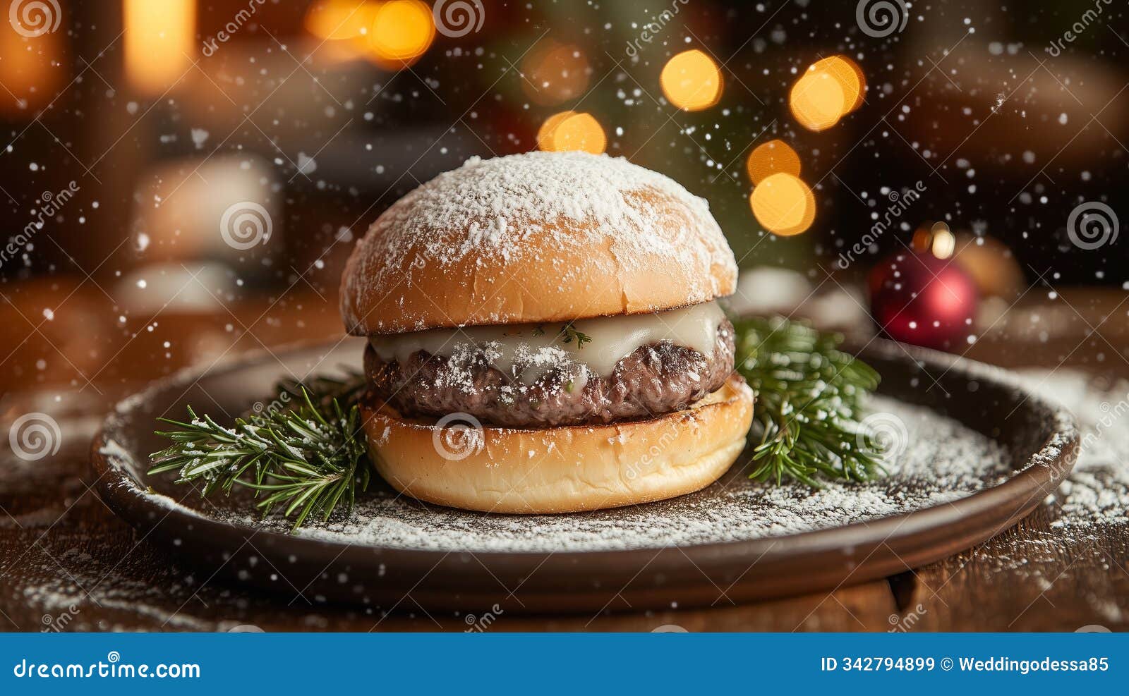 burger decorated in a new year's theme. the bun is sprinkled with powdered sugar, creating a âsnow coverâ effect